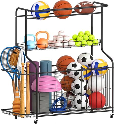 Sports Equipment Organizer -Heavy Duty Rolling Garage Storage Rack & Ball Holder, Large Capacity Cart for Outdoor Toy Storage & Garage Storage in Kuwait
