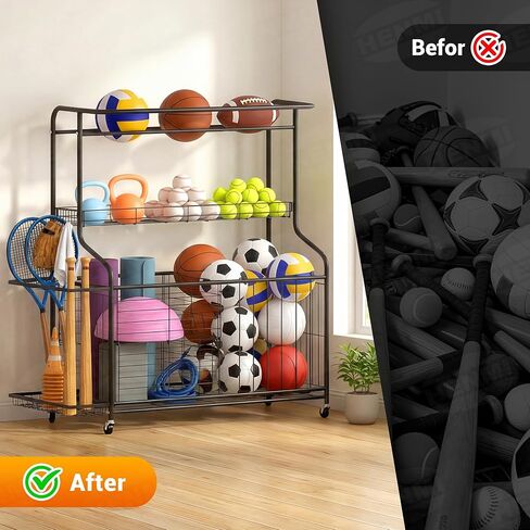 Sports Equipment Organizer -Heavy Duty Rolling Garage Storage Rack & Ball Holder, Large Capacity Cart for Outdoor Toy Storage & Garage Storage in Kuwait