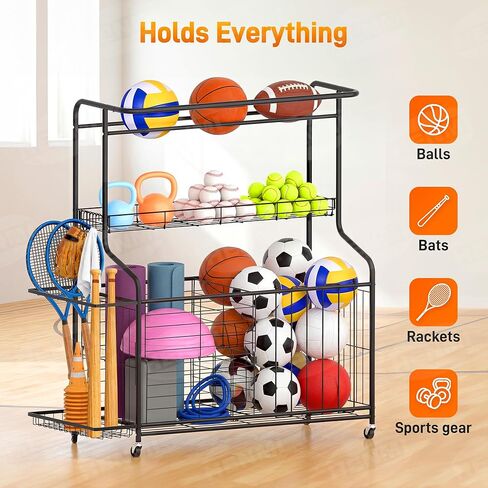 Sports Equipment Organizer -Heavy Duty Rolling Garage Storage Rack & Ball Holder, Large Capacity Cart for Outdoor Toy Storage & Garage Storage in Kuwait
