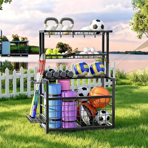 HOOBRO Sports Equipment Garage Organizer, Ball Storage Rack with Basket, Heavy Duty Ball Holder with Hooks, for Outdoor, Garage, Club, Basement, Black BK80JJ01 in Saudi Arabia