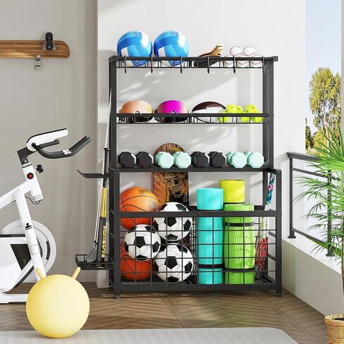 HOOBRO Sports Equipment Garage Organizer, Ball Storage Rack with Basket, Heavy Duty Ball Holder with Hooks, for Outdoor, Garage, Club, Basement, Black BK80JJ01 in Saudi Arabia