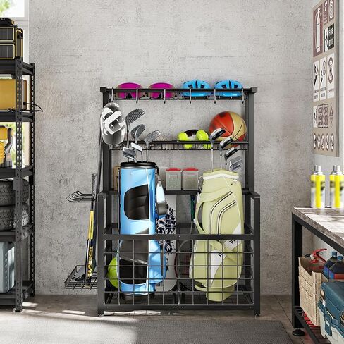 HOOBRO Sports Equipment Garage Organizer, Ball Storage Rack with Basket, Heavy Duty Ball Holder with Hooks, for Outdoor, Garage, Club, Basement, Black BK80JJ01 in Saudi Arabia