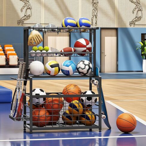 HOOBRO Sports Equipment Garage Organizer, Ball Storage Rack with Basket, Heavy Duty Ball Holder with Hooks, for Outdoor, Garage, Club, Basement, Black BK80JJ01 in Saudi Arabia