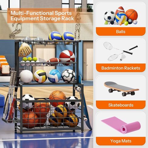 HOOBRO Sports Equipment Garage Organizer, Ball Storage Rack with Basket, Heavy Duty Ball Holder with Hooks, for Outdoor, Garage, Club, Basement, Black BK80JJ01 in Saudi Arabia