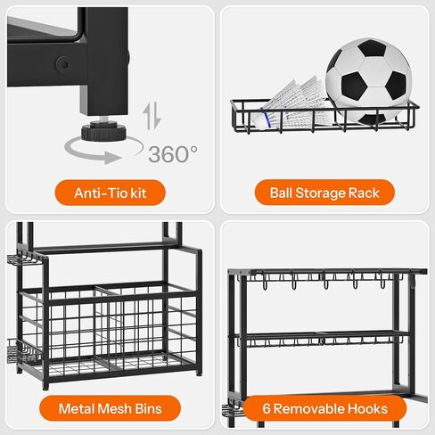 HOOBRO Sports Equipment Garage Organizer, Ball Storage Rack with Basket, Heavy Duty Ball Holder with Hooks, for Outdoor, Garage, Club, Basement, Black BK80JJ01 in Saudi Arabia