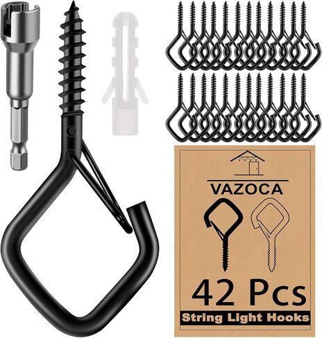 42 Pcs Screw Hooks for Outdoor String Lights, Q-Hanger Hook with Safety Buckle, Patio Wall Ceilling Square Eye Cup Hook for Hanging Plant Pots Christmas Decor Wire Fairy Led, Wind Nut Driver, Black in Kuwait