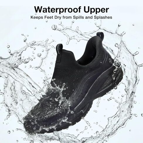 NINGO Non Slip Work Shoes for Men, Waterproof Comfortable Slip On Chef Shoes, Lightweight Breathable Walking Sneakers with Arch Support, for Food Service, Restaurant, Kitchen, Outdoor, Working, Black in Kuwait