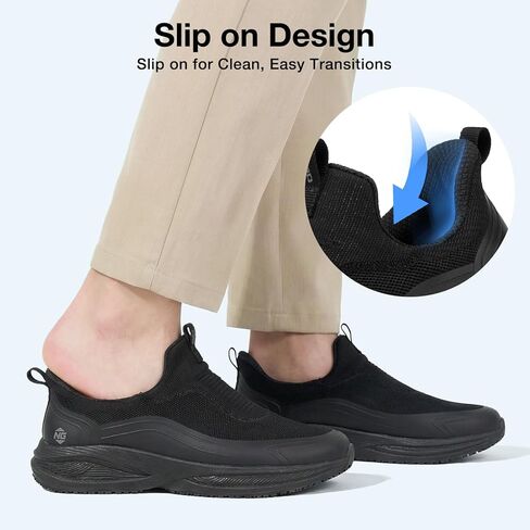 NINGO Non Slip Work Shoes for Men, Waterproof Comfortable Slip On Chef Shoes, Lightweight Breathable Walking Sneakers with Arch Support, for Food Service, Restaurant, Kitchen, Outdoor, Working, Black in Kuwait