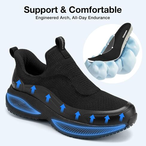 NINGO Non Slip Work Shoes for Men, Waterproof Comfortable Slip On Chef Shoes, Lightweight Breathable Walking Sneakers with Arch Support, for Food Service, Restaurant, Kitchen, Outdoor, Working, Black in Kuwait