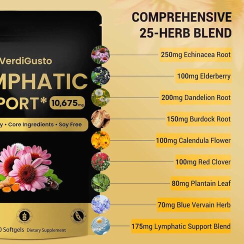 10,675mg Lymphatic Supplement | 25-in-1 Blend with Echinacea, Elderberry, Dandelion | 240 Softgels, 80 Day Supply | Lymph System Support | Soy Free, Non-GMO, Gluten Free in Kuwait