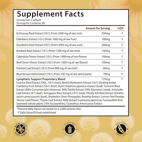 10,675mg Lymphatic Supplement | 25-in-1 Blend with Echinacea, Elderberry, Dandelion | 240 Softgels, 80 Day Supply | Lymph System Support | Soy Free, Non-GMO, Gluten Free in Kuwait
