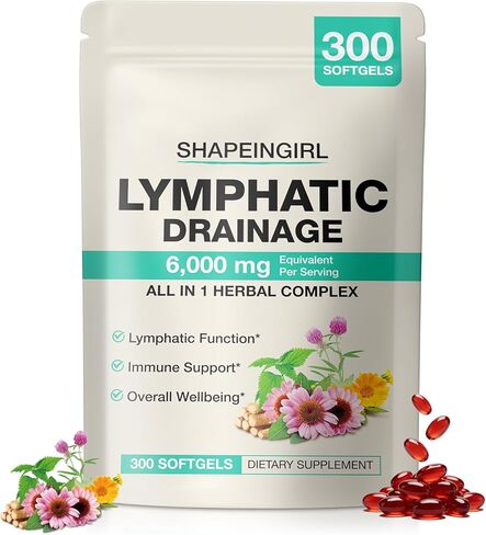Lymphatic Drainage Supplements | 300 Softgels, 6000 mg Herbal Lymph System Support for Women & Men | 21-in-1 Herbal Blend for Lymphatic Support, Fluid Balance & Immune System in Kuwait