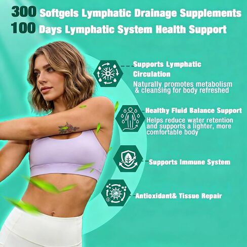 Lymphatic Drainage Supplements | 300 Softgels, 6000 mg Herbal Lymph System Support for Women & Men | 21-in-1 Herbal Blend for Lymphatic Support, Fluid Balance & Immune System in Kuwait
