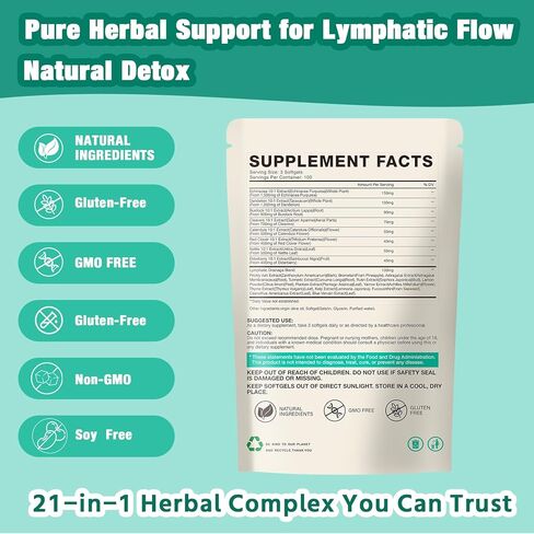 Lymphatic Drainage Supplements | 300 Softgels, 6000 mg Herbal Lymph System Support for Women & Men | 21-in-1 Herbal Blend for Lymphatic Support, Fluid Balance & Immune System in Kuwait