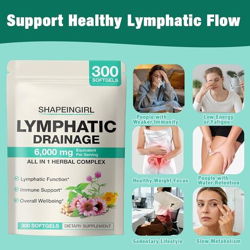 Lymphatic Drainage Supplements | 300 Softgels, 6000 mg Herbal Lymph System Support for Women & Men | 21-in-1 Herbal Blend for Lymphatic Support, Fluid Balance & Immune System in Kuwait