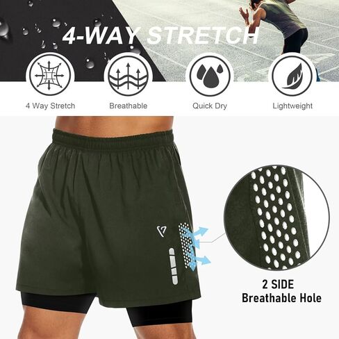 رجال 2 في 1 شورت شورت 5''quick الجاف للرجال الرياضي القصيرة التنفس شورت صالة الألعاب الرياضية الرجال مع الجيوب zip والمنشفة in Kuwait