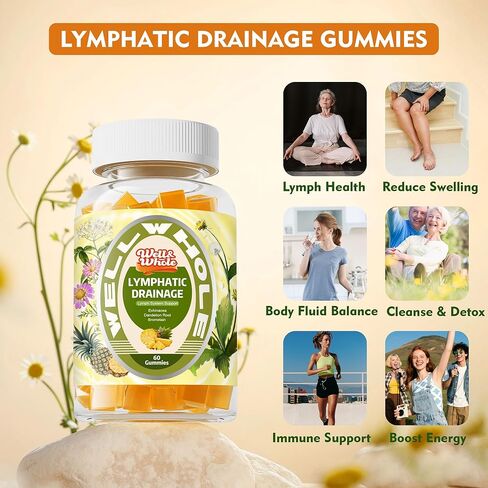 علكات التصريف اللمفاوي بشكل جيد وكامل، مكملات التصريف اللمفاوي مع إشنسا، الهندباء، الأرقطيون، دعم نظام اللمف، تنظيف السموم اللمفاوية ودعم المناعة، الأناناس، فاجان، 60 علكة in Kuwait