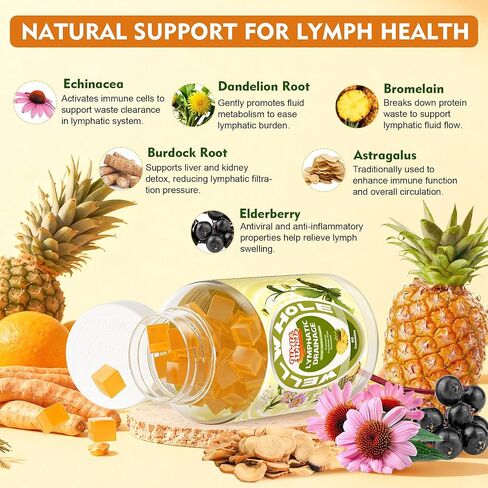 علكات التصريف اللمفاوي بشكل جيد وكامل، مكملات التصريف اللمفاوي مع إشنسا، الهندباء، الأرقطيون، دعم نظام اللمف، تنظيف السموم اللمفاوية ودعم المناعة، الأناناس، فاجان، 60 علكة in Kuwait