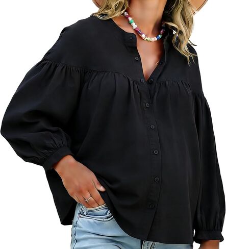 Womens Maternity Button Down Shirts Nursing Blouses Pleated Lantern Sleeve Office Pregnancy Work Tops in Kuwait