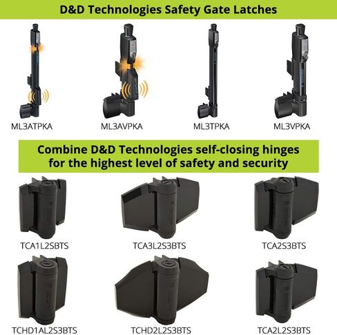 مفصلات بوابة متينة من D&D Technologies TCHD1L2S3BTS TruClose، لبوابات معدنية أو خشبية أو فينيل ذاتية الإغلاق يصل وزنها إلى 154 رطلاً، مع أرجل محاذاة، لإطار البوابة المربعة والعمود، أسود، عدد 2 in Kuwait