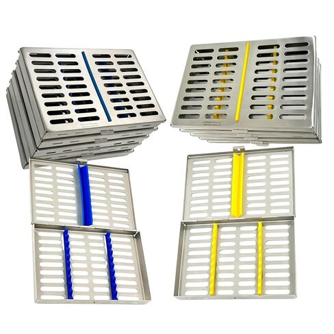 صناديق كاسيت تعقيم مقاس 7 × 5.5 × 1.25 بوصة، تناسب كل منها 10 أدوات، تعقيم أدوات طب الأسنان والطب البيطري - عالي التحمل، فولاذ ألماني (أزرق + أصفر) in Saudi Arabia