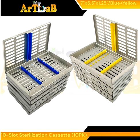 صناديق كاسيت تعقيم مقاس 7 × 5.5 × 1.25 بوصة، تناسب كل منها 10 أدوات، تعقيم أدوات طب الأسنان والطب البيطري - عالي التحمل، فولاذ ألماني (أزرق + أصفر) in Saudi Arabia