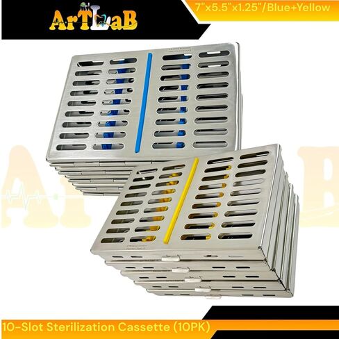 صناديق كاسيت تعقيم مقاس 7 × 5.5 × 1.25 بوصة، تناسب كل منها 10 أدوات، تعقيم أدوات طب الأسنان والطب البيطري - عالي التحمل، فولاذ ألماني (أزرق + أصفر) in Saudi Arabia