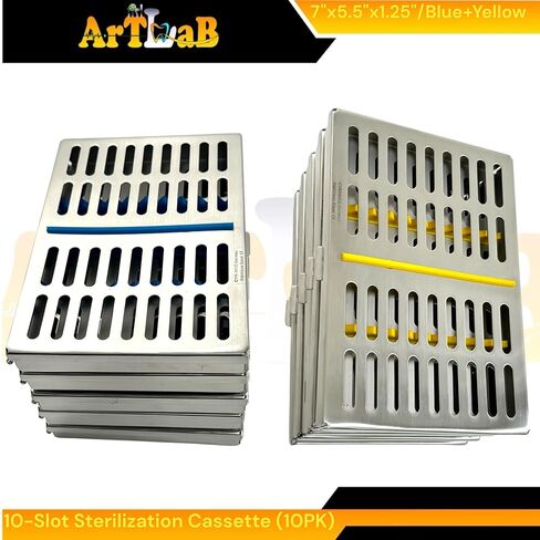 صناديق كاسيت تعقيم مقاس 7 × 5.5 × 1.25 بوصة، تناسب كل منها 10 أدوات، تعقيم أدوات طب الأسنان والطب البيطري - عالي التحمل، فولاذ ألماني (أزرق + أصفر) in Saudi Arabia