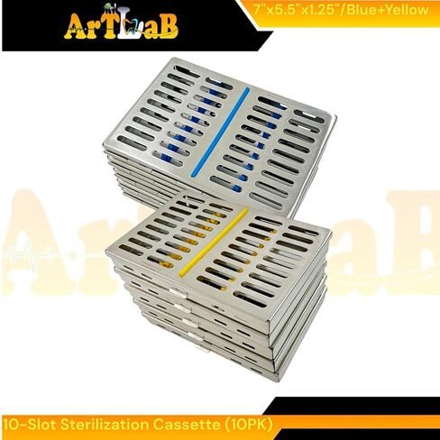 صناديق كاسيت تعقيم مقاس 7 × 5.5 × 1.25 بوصة، تناسب كل منها 10 أدوات، تعقيم أدوات طب الأسنان والطب البيطري - عالي التحمل، فولاذ ألماني (أزرق + أصفر) in Saudi Arabia