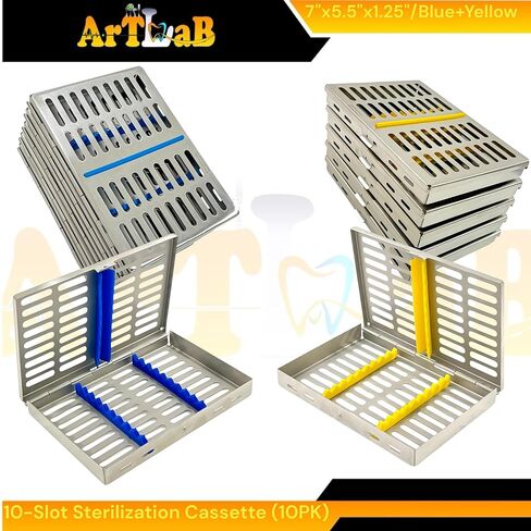 صناديق كاسيت تعقيم مقاس 7 × 5.5 × 1.25 بوصة، تناسب كل منها 10 أدوات، تعقيم أدوات طب الأسنان والطب البيطري - عالي التحمل، فولاذ ألماني (أزرق + أصفر) in Saudi Arabia