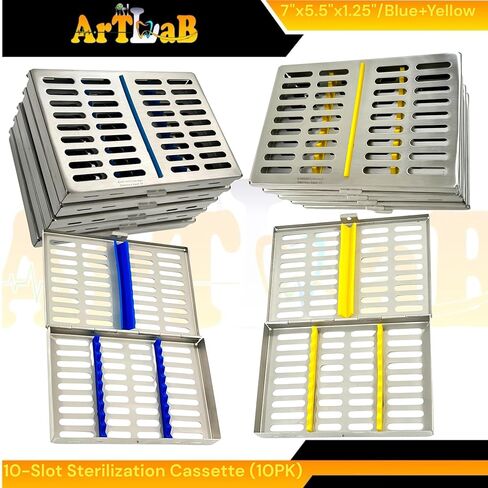 صناديق كاسيت تعقيم مقاس 7 × 5.5 × 1.25 بوصة، تناسب كل منها 10 أدوات، تعقيم أدوات طب الأسنان والطب البيطري - عالي التحمل، فولاذ ألماني (أزرق + أصفر) in Saudi Arabia