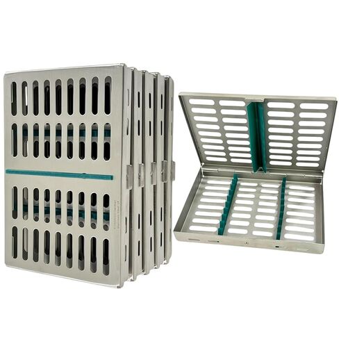 Dental & Veterinary Instruments Sterilization Cassettes with 10 Slot Silicone Inserts (Green) - Set of 5pcs - German Stainless Steel in Saudi Arabia