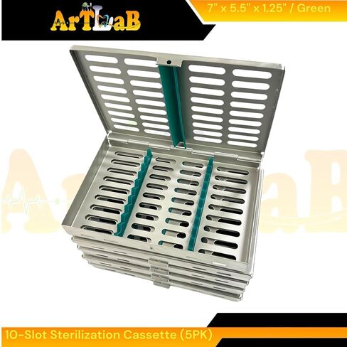 Dental & Veterinary Instruments Sterilization Cassettes with 10 Slot Silicone Inserts (Green) - Set of 5pcs - German Stainless Steel in Saudi Arabia