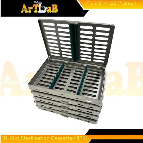 Dental & Veterinary Instruments Sterilization Cassettes with 10 Slot Silicone Inserts (Green) - Set of 5pcs - German Stainless Steel in Saudi Arabia