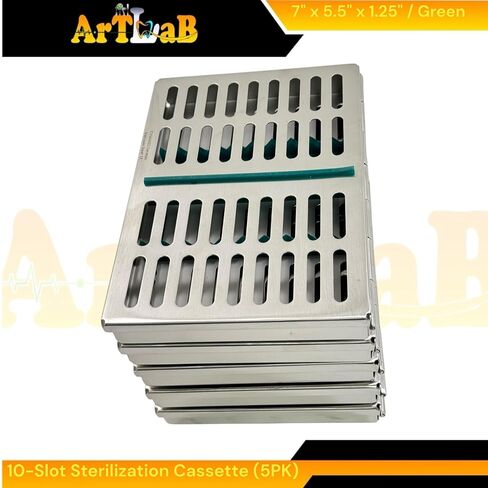 Dental & Veterinary Instruments Sterilization Cassettes with 10 Slot Silicone Inserts (Green) - Set of 5pcs - German Stainless Steel in Saudi Arabia