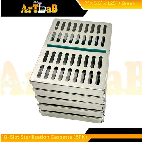 Dental & Veterinary Instruments Sterilization Cassettes with 10 Slot Silicone Inserts (Green) - Set of 5pcs - German Stainless Steel in Saudi Arabia