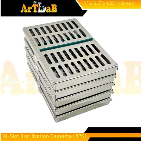 Dental & Veterinary Instruments Sterilization Cassettes with 10 Slot Silicone Inserts (Green) - Set of 5pcs - German Stainless Steel in Saudi Arabia