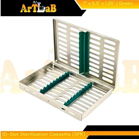Dental & Veterinary Instruments Sterilization Cassettes with 10 Slot Silicone Inserts (Green) - Set of 5pcs - German Stainless Steel in Saudi Arabia