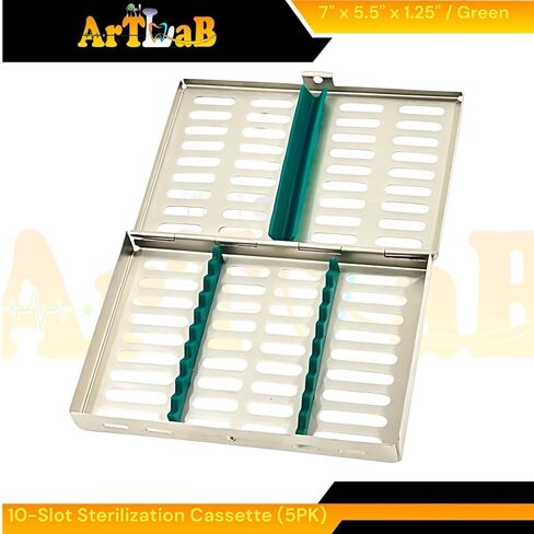Dental & Veterinary Instruments Sterilization Cassettes with 10 Slot Silicone Inserts (Green) - Set of 5pcs - German Stainless Steel in Saudi Arabia