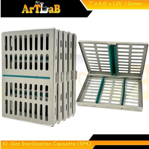 Dental & Veterinary Instruments Sterilization Cassettes with 10 Slot Silicone Inserts (Green) - Set of 5pcs - German Stainless Steel in Saudi Arabia