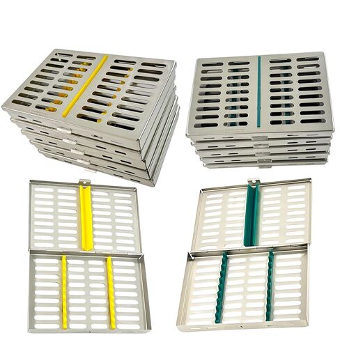 10 Slot Simultaneous Instrument Sterilization Cassettes with Green & Yellow Silicone Inserts - Dental & Veterinary - German Stainless Steel Set of 10 in Saudi Arabia