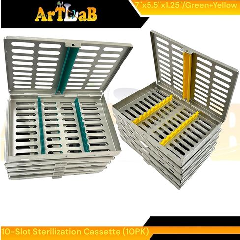 10 Slot Simultaneous Instrument Sterilization Cassettes with Green & Yellow Silicone Inserts - Dental & Veterinary - German Stainless Steel Set of 10 in Saudi Arabia