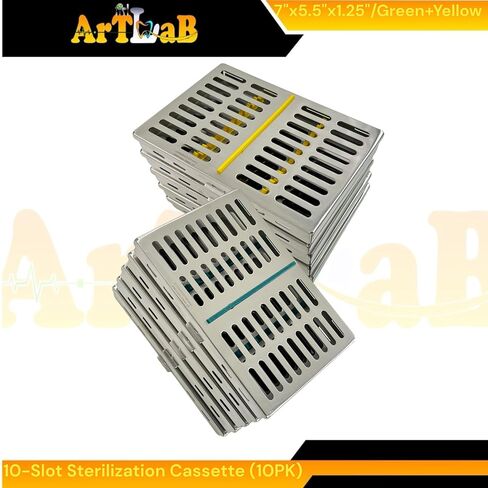 10 Slot Simultaneous Instrument Sterilization Cassettes with Green & Yellow Silicone Inserts - Dental & Veterinary - German Stainless Steel Set of 10 in Saudi Arabia
