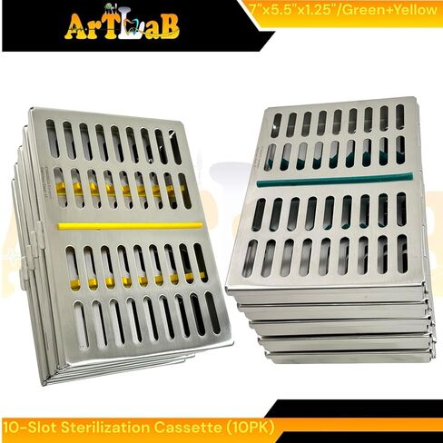 10 Slot Simultaneous Instrument Sterilization Cassettes with Green & Yellow Silicone Inserts - Dental & Veterinary - German Stainless Steel Set of 10 in Saudi Arabia