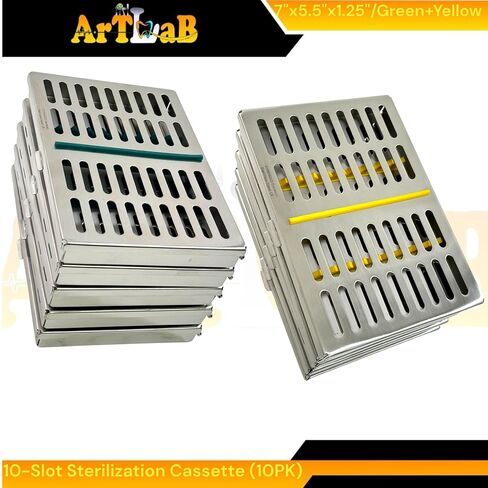 10 Slot Simultaneous Instrument Sterilization Cassettes with Green & Yellow Silicone Inserts - Dental & Veterinary - German Stainless Steel Set of 10 in Saudi Arabia