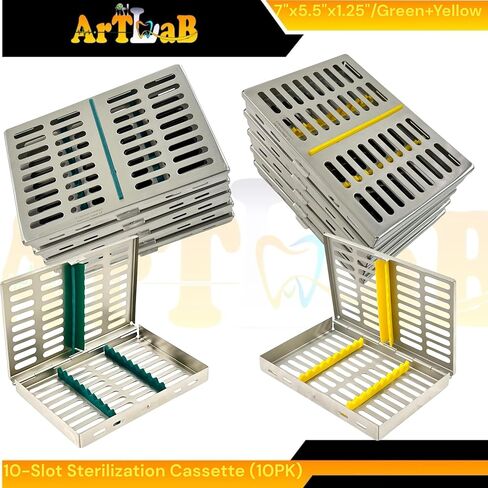 10 Slot Simultaneous Instrument Sterilization Cassettes with Green & Yellow Silicone Inserts - Dental & Veterinary - German Stainless Steel Set of 10 in Saudi Arabia