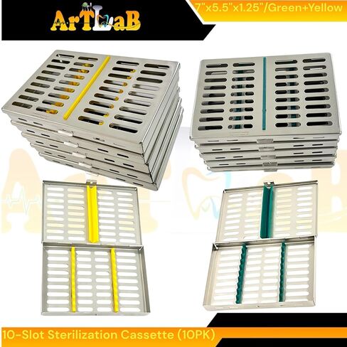 10 Slot Simultaneous Instrument Sterilization Cassettes with Green & Yellow Silicone Inserts - Dental & Veterinary - German Stainless Steel Set of 10 in Saudi Arabia
