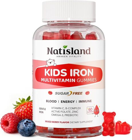 Iron Gummies for Kids & Teens, Kids Multivitamin with Iron Supplement, Vitamin B Complex, A, C, D3, Calcium, Zinc, DHA, Prebiotic, Blood Builder & Energy Support for Iron Deficiency, Vegan, 60 Ct in Kuwait