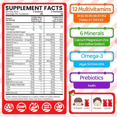 Iron Gummies for Kids & Teens, Kids Multivitamin with Iron Supplement, Vitamin B Complex, A, C, D3, Calcium, Zinc, DHA, Prebiotic, Blood Builder & Energy Support for Iron Deficiency, Vegan, 60 Ct in Kuwait