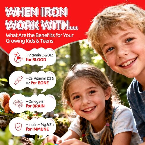 Iron Gummies for Kids & Teens, Kids Multivitamin with Iron Supplement, Vitamin B Complex, A, C, D3, Calcium, Zinc, DHA, Prebiotic, Blood Builder & Energy Support for Iron Deficiency, Vegan, 60 Ct in Kuwait